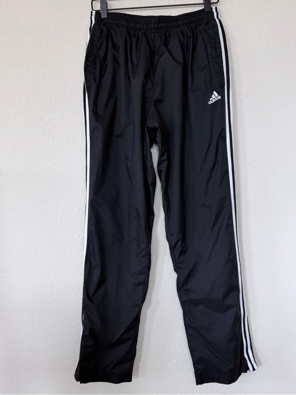 ADIDAS 3 Stripe Track Pants Black Windbreaker Zip Ankle Men’s L